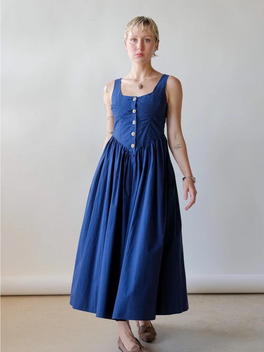 Ciao Lucia Coretta Dress in Navy Size Small S Drop Waist Midi Scoopneck Buttons